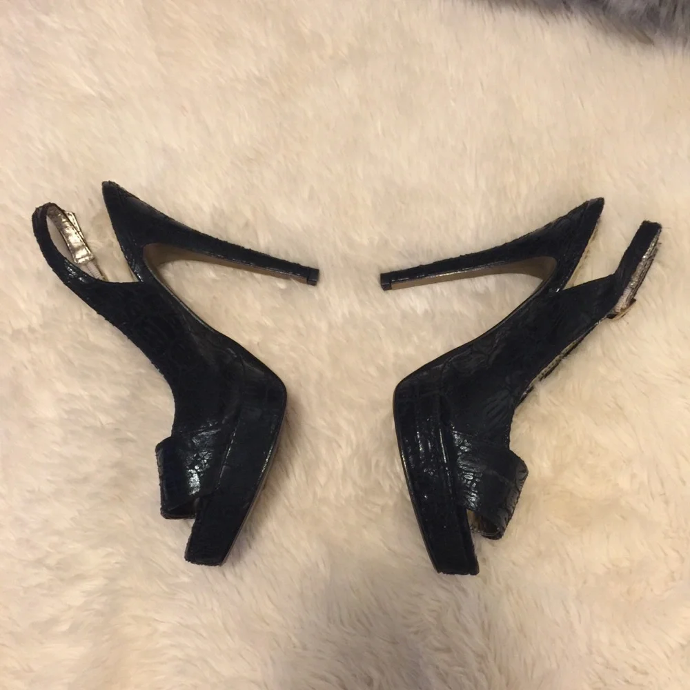 Anne Michelle Woman’s Black Peep Toe Sling Back Platform Stiletto Heels Sz 6